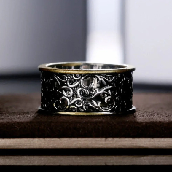 💥  Beautiful Carved Dainty Double Layer Wide Vintage Ring Women/Man, PD732 - Picture 4 of 6